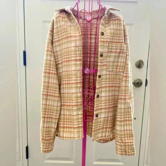 Double Zero Plaid Shacket Women’s Medium Tan Creme Outerwear Grunge Hipster Top - Picture 1 of 8